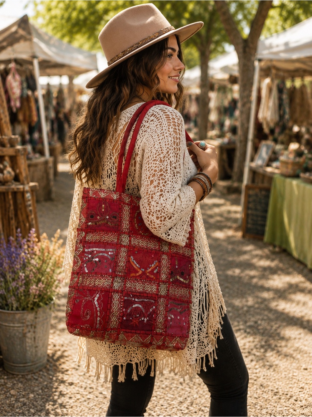 Red Embroidered Patchwork Boho Tote Bag Sequins Hippie Indian Shoulder Bag